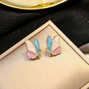 Pastel Butterfly Pierced Stud Earrings Enamel Pink Blue White Gift NWT Dainty